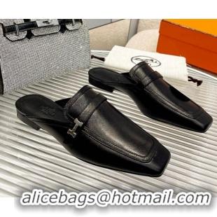 Pretty Style Hermes Groupie Calfskin Flat Mules Black 030358