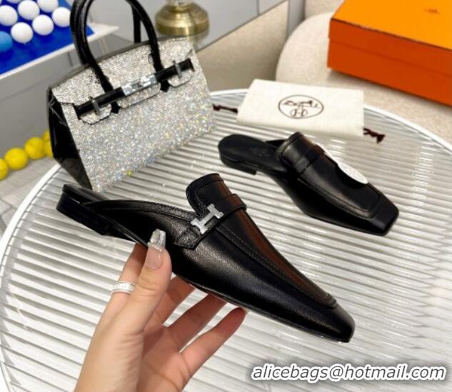 Pretty Style Hermes Groupie Calfskin Flat Mules Black 030358