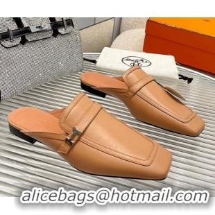 Shop Duplicate Hermes Groupie Calfskin Flat Mules Beige 030359