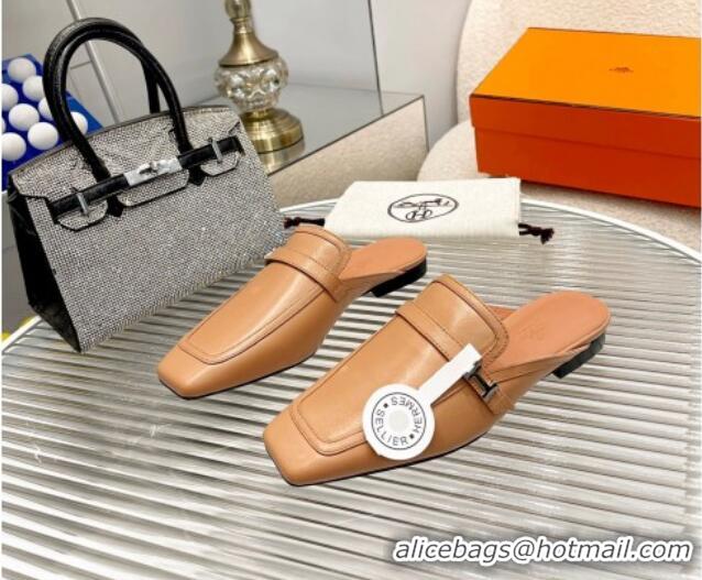 Shop Duplicate Hermes Groupie Calfskin Flat Mules Beige 030359