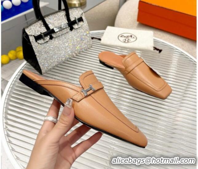 Shop Duplicate Hermes Groupie Calfskin Flat Mules Beige 030359