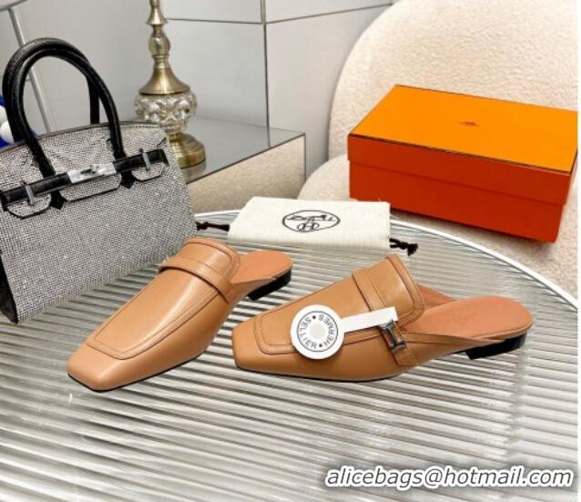 Shop Duplicate Hermes Groupie Calfskin Flat Mules Beige 030359