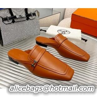 Top Grade Hermes Groupie Calfskin Flat Mules Brown 030361