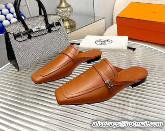 Top Grade Hermes Groupie Calfskin Flat Mules Brown 030361