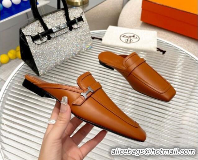 Top Grade Hermes Groupie Calfskin Flat Mules Brown 030361