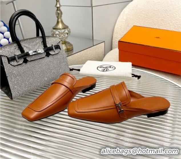 Top Grade Hermes Groupie Calfskin Flat Mules Brown 030361