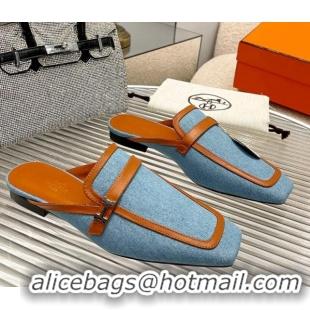 Durable Hermes Groupie Flat Mules in Leather and Denim Brown/Blue 030362