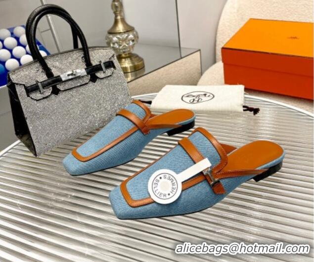 Durable Hermes Groupie Flat Mules in Leather and Denim Brown/Blue 030362