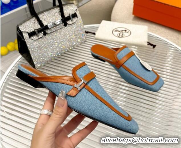 Durable Hermes Groupie Flat Mules in Leather and Denim Brown/Blue 030362