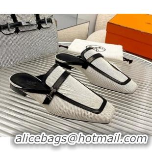 Top Design Hermes Groupie Flat Mules in Leather and Fabric Black 030363