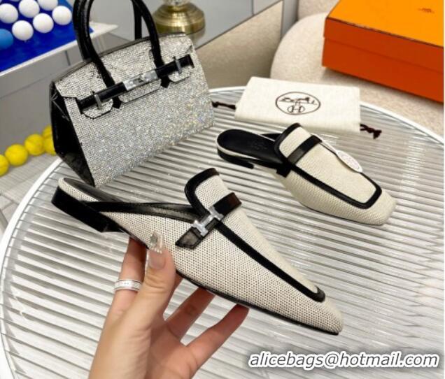 Top Design Hermes Groupie Flat Mules in Leather and Fabric Black 030363