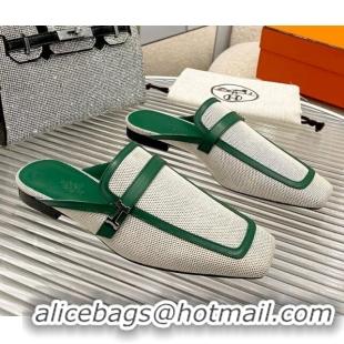 Hot Style Hermes Groupie Flat Mules in Leather and Fabric Green 030364