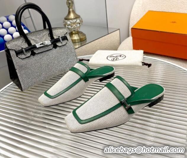 Hot Style Hermes Groupie Flat Mules in Leather and Fabric Green 030364