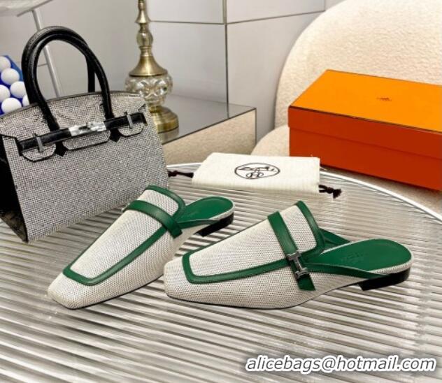 Hot Style Hermes Groupie Flat Mules in Leather and Fabric Green 030364