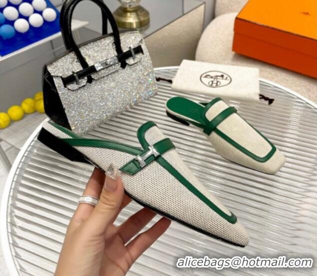 Hot Style Hermes Groupie Flat Mules in Leather and Fabric Green 030364