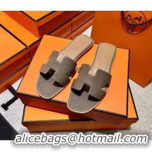 Best Grade Hermes Oran H Flat Slipper Sandals in Togo Grainy Calfskin Taupe 0308051