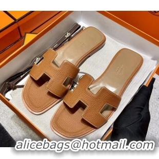 Grade Quality Hermes Oran H Flat Slipper Sandals in Togo Grainy Calfskin Brown 0308052