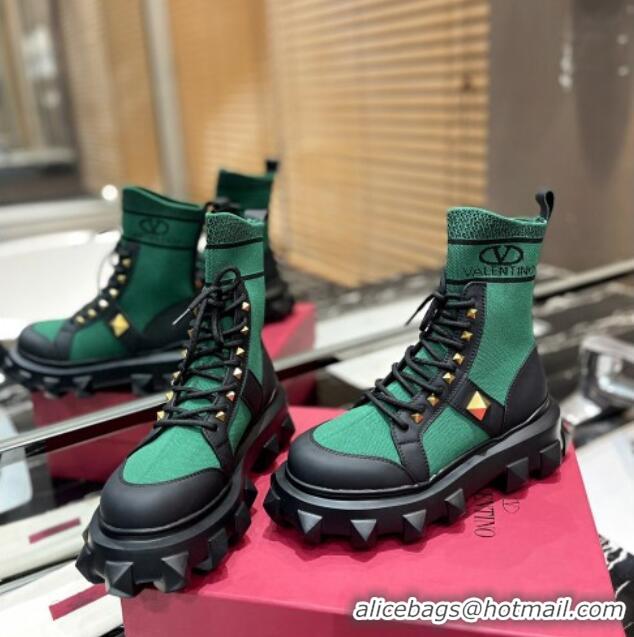 Top Grade Valentino One Stud Knit Ankle Boots Green 091201