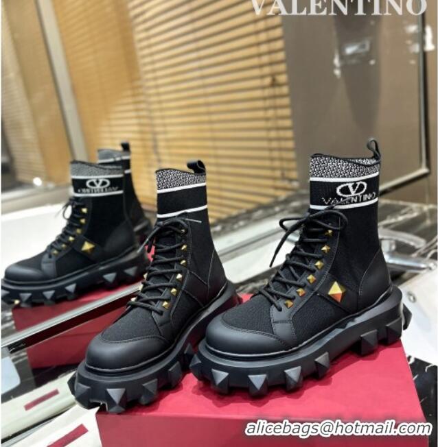 Stylish Valentino One Stud Knit Ankle Boots Black 091202