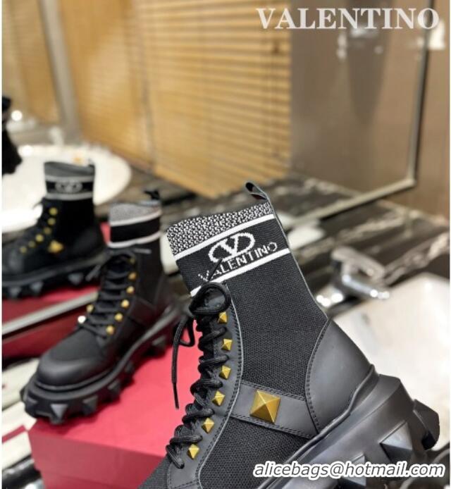 Stylish Valentino One Stud Knit Ankle Boots Black 091202