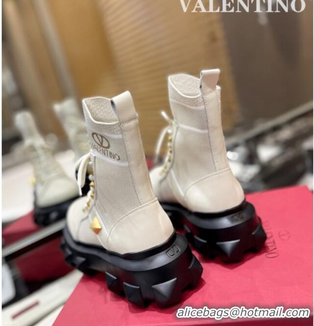 Classic Hot Valentino One Stud Knit Ankle Boots Light Beige 091203