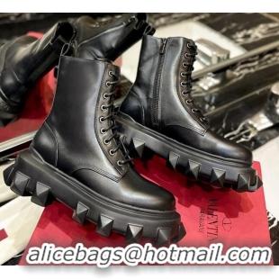 Stylish Valentino One Stud Calfskin Lace-up Ankle Boots All Black 091205