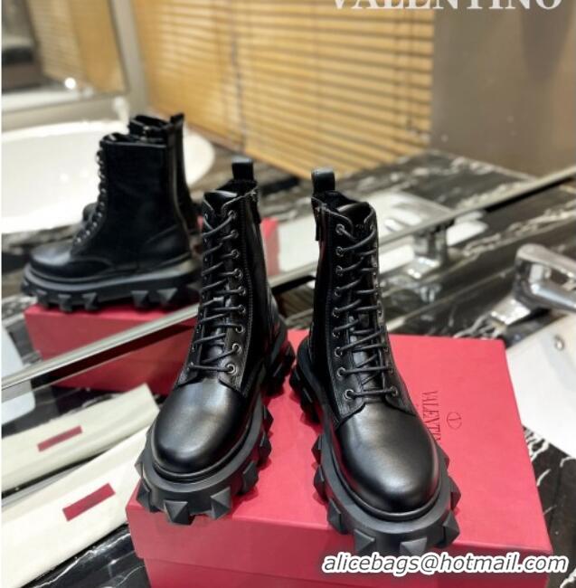 Stylish Valentino One Stud Calfskin Lace-up Ankle Boots All Black 091205