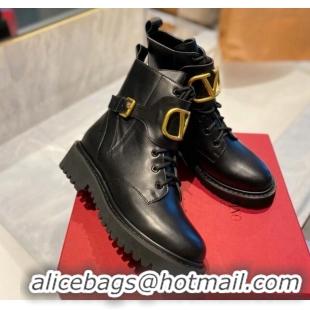 Stylish Valentino VLogo Signature Calfskin Combat Ankle Boots Black/Gold 091213