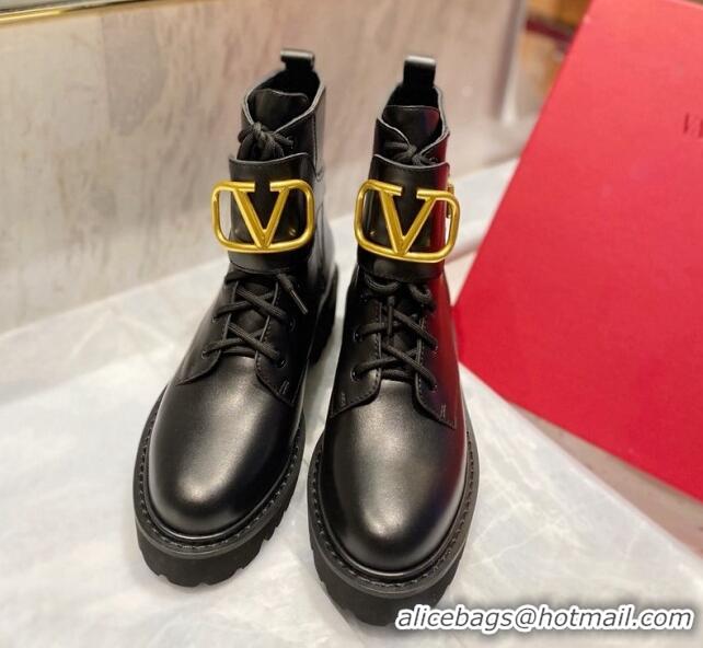 Stylish Valentino VLogo Signature Calfskin Combat Ankle Boots Black/Gold 091213