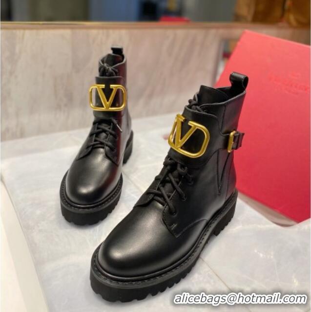 Stylish Valentino VLogo Signature Calfskin Combat Ankle Boots Black/Gold 091213