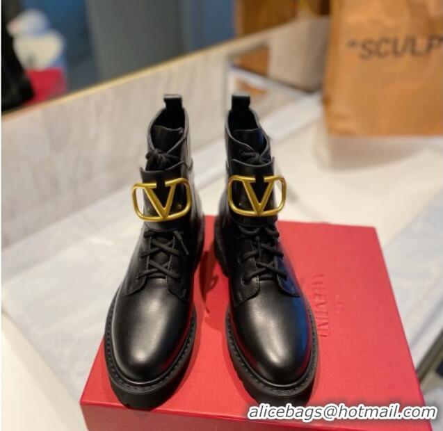 Stylish Valentino VLogo Signature Calfskin Combat Ankle Boots Black/Gold 091213