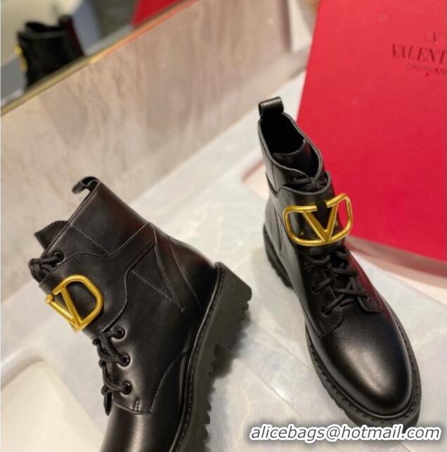 Stylish Valentino VLogo Signature Calfskin Combat Ankle Boots Black/Gold 091213