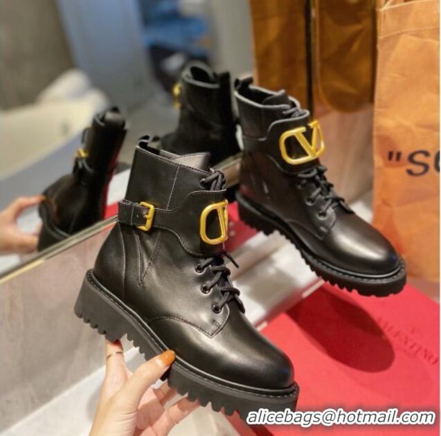 Stylish Valentino VLogo Signature Calfskin Combat Ankle Boots Black/Gold 091213