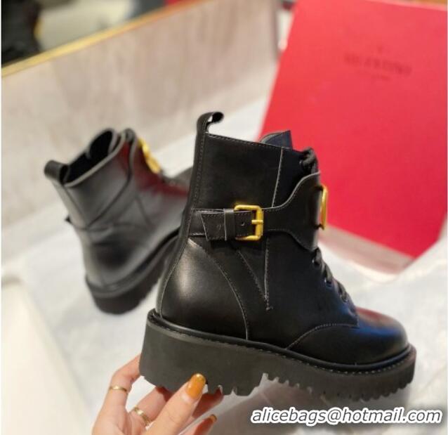 Stylish Valentino VLogo Signature Calfskin Combat Ankle Boots Black/Gold 091213