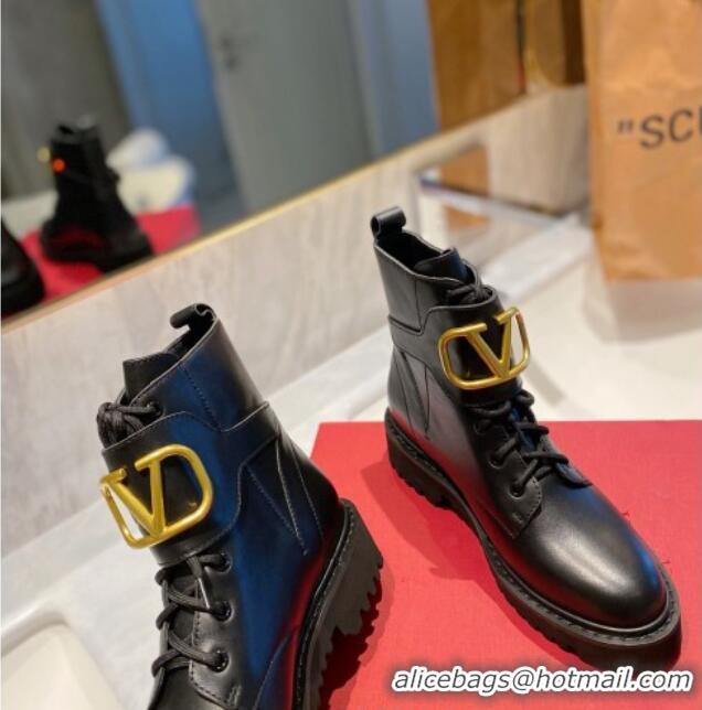 Stylish Valentino VLogo Signature Calfskin Combat Ankle Boots Black/Gold 091213