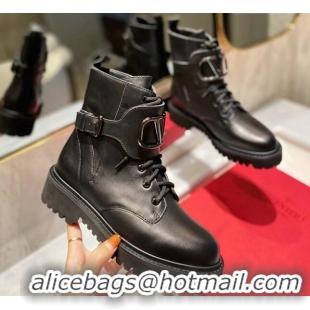 Good Quality Valentino VLogo Signature Calfskin Combat Ankle Boots All Black 091214