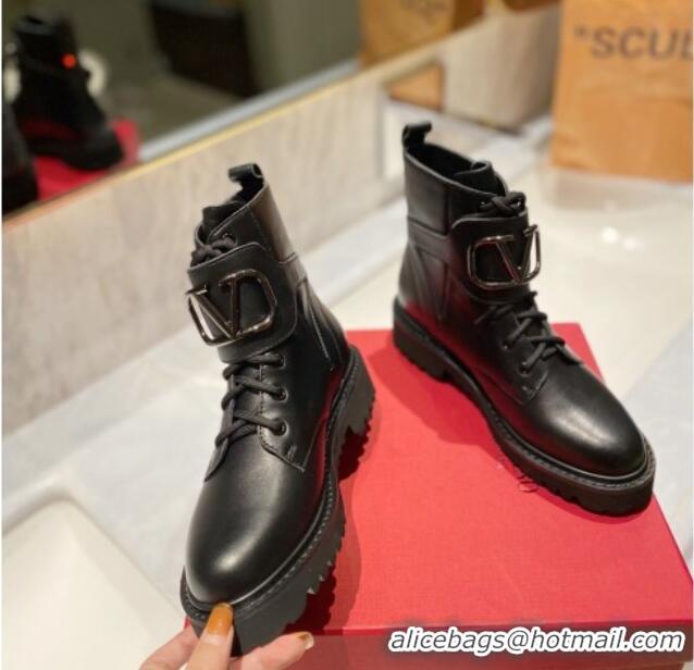 Good Quality Valentino VLogo Signature Calfskin Combat Ankle Boots All Black 091214