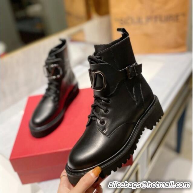 Good Quality Valentino VLogo Signature Calfskin Combat Ankle Boots All Black 091214