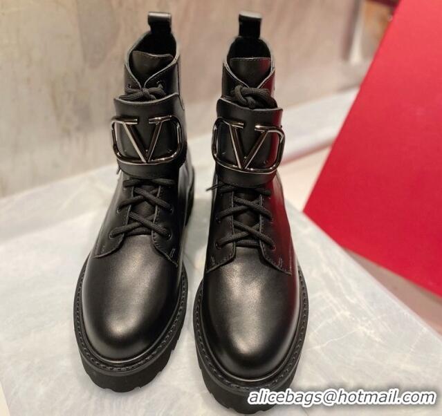 Good Quality Valentino VLogo Signature Calfskin Combat Ankle Boots All Black 091214