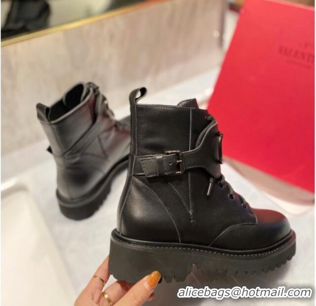 Good Quality Valentino VLogo Signature Calfskin Combat Ankle Boots All Black 091214