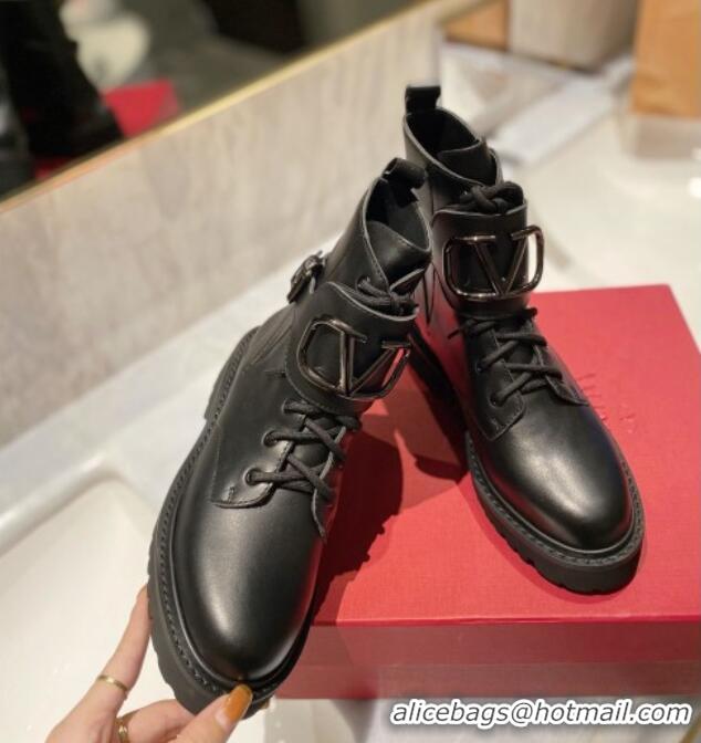 Good Quality Valentino VLogo Signature Calfskin Combat Ankle Boots All Black 091214