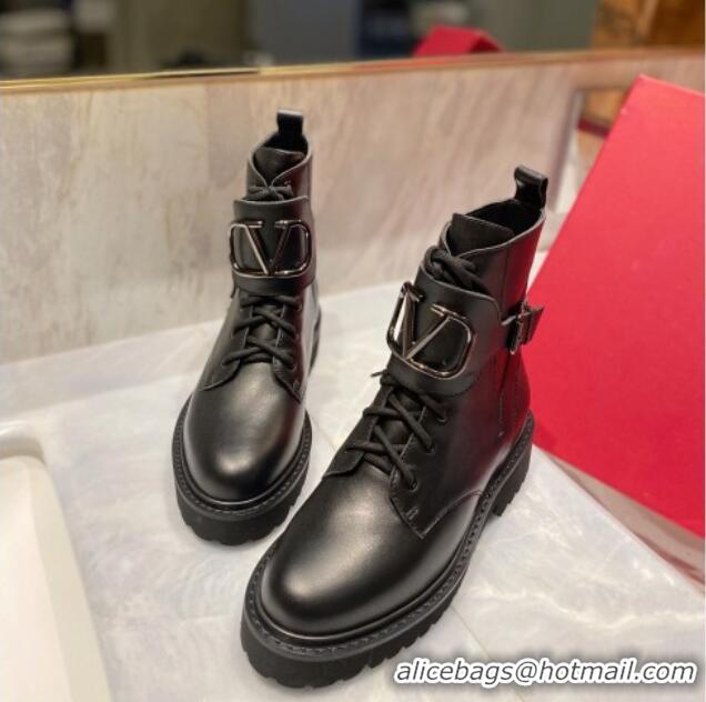 Good Quality Valentino VLogo Signature Calfskin Combat Ankle Boots All Black 091214