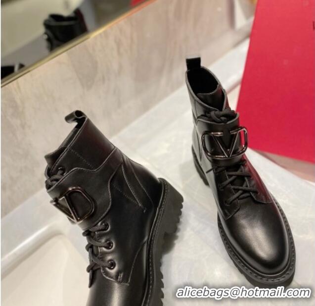 Good Quality Valentino VLogo Signature Calfskin Combat Ankle Boots All Black 091214