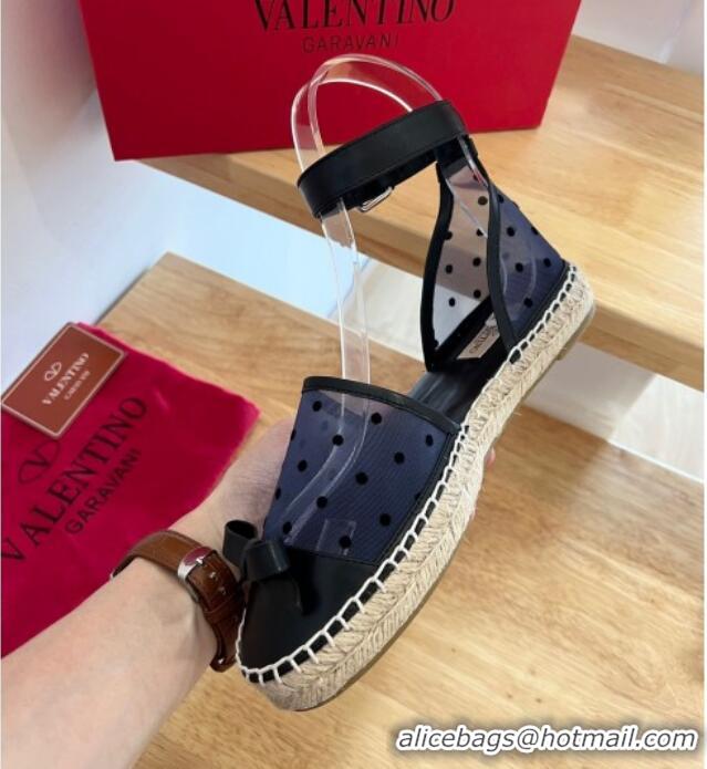 Duplicate Valentino Dotted Mesh Espadrille Sandals with Bow Blue 091217