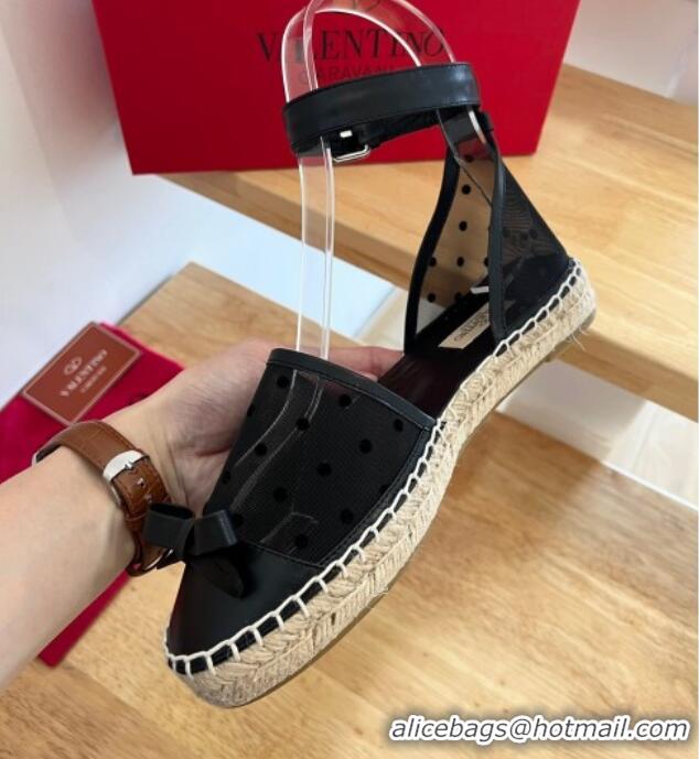 Good Quality Valentino Dotted Mesh Espadrille Sandals with Bow Black 091219