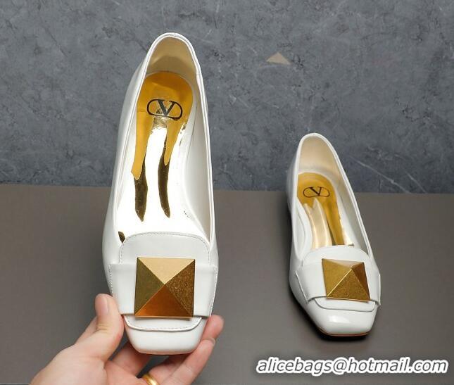 Top Design Valentino One Stud Patent Leather Loafers White 091225