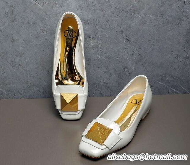 Top Design Valentino One Stud Patent Leather Loafers White 091225