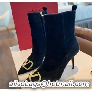 Classic Hot Valentino VLogo Suede Ankle Boots 8cm Black 1011107