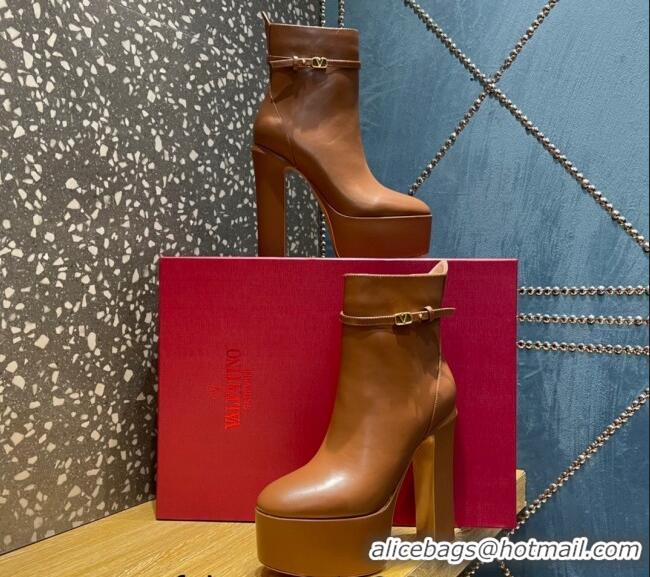 Good Looking Valentino Garavani Tan-Go Calfskin Platform Ankle Boots 12cm Brown 1011110