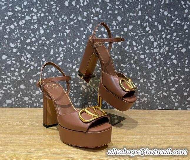 Grade Quality Valentino Calfskin Platform High Heel Sandals 11cm Brown 011117 